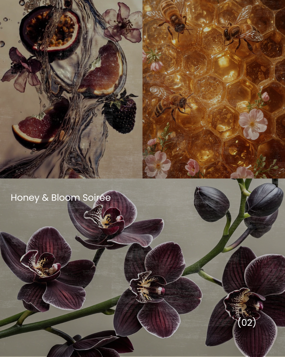 Honey & Bloom Soirée — golden honeycomb tones, orchids, warm textures for birthday and bridal events