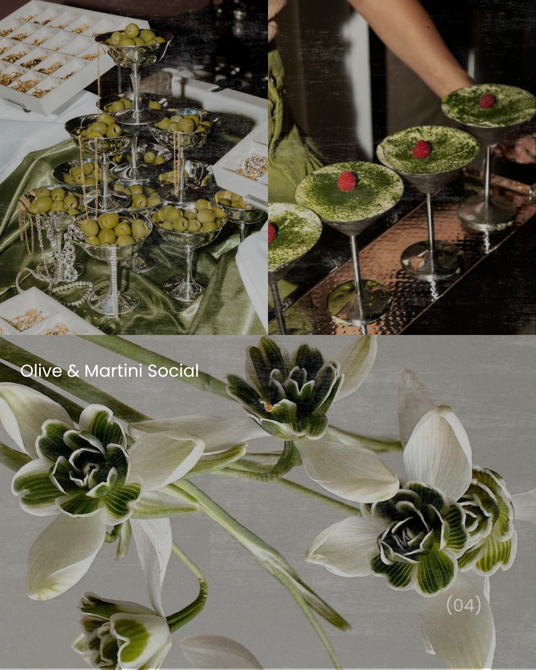 Olive & Martini Social — olive green tones, cocktail styling, chic florals for dinner parties